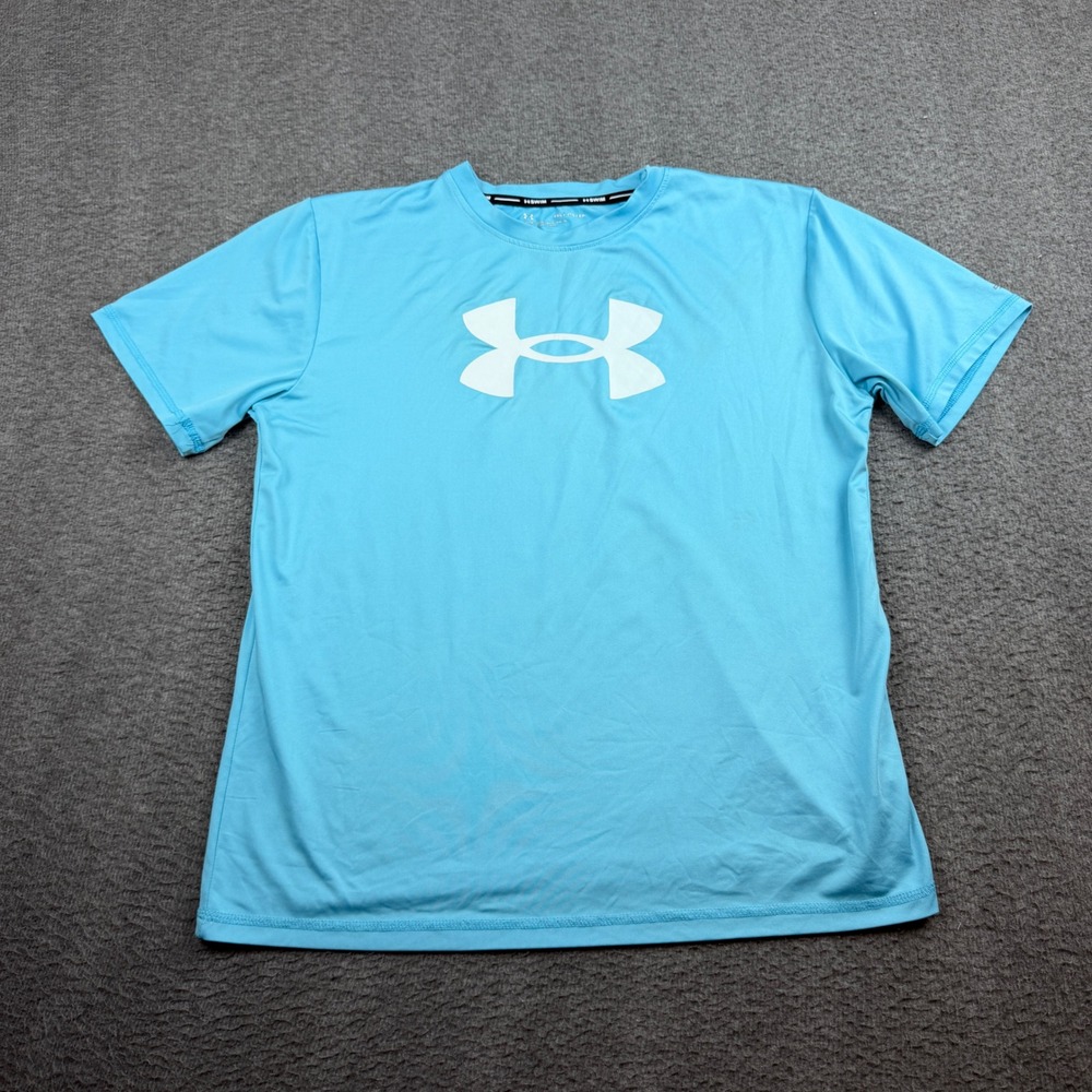 Under Armour Swim Shirt Kids Youth XL Blue Short Sleeve Rash Guard Logo UASFK46F